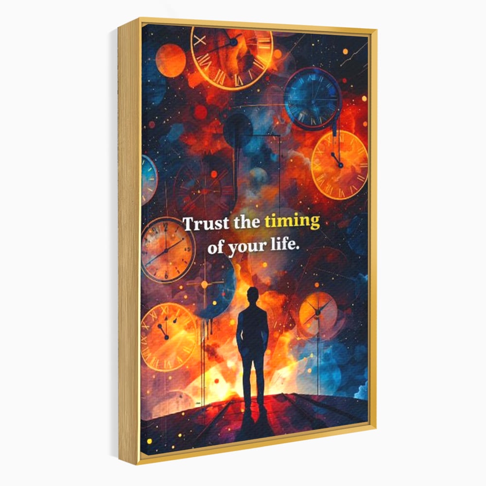 Tablou canvas cu silueta masculina privind ceasuri cosmice, in rama de aluminiu auriu